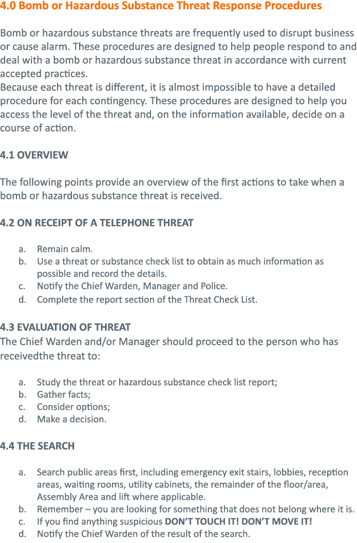 4 0 Bomb or Hazardous Substance Threat Response Procedures Bomb or hazardous substance threats are frequently used to   