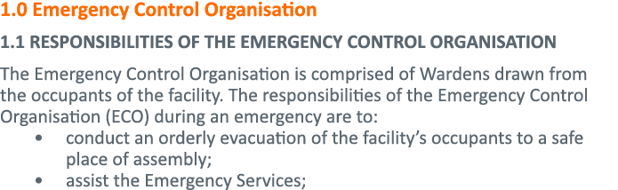 1 0 Emergency Control Organisation 1 1 RESPONSIBILITIES OF THE EMERGENCY CONTROL ORGANISATION The Emergency Control O   