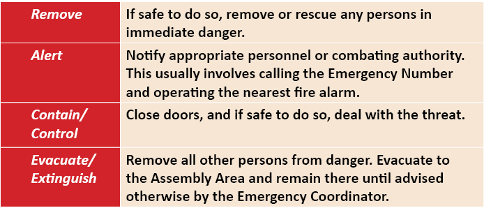 Remove,If safe to do so, remove or rescue any persons in immediate danger ,Alert,Notify appropriate personnel or comb   
